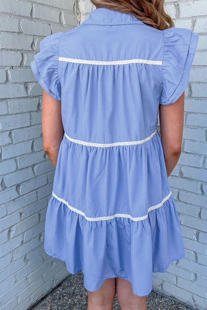 Sky Blue Collared Ruffle Tiered Babydoll Dress - Vesteeto