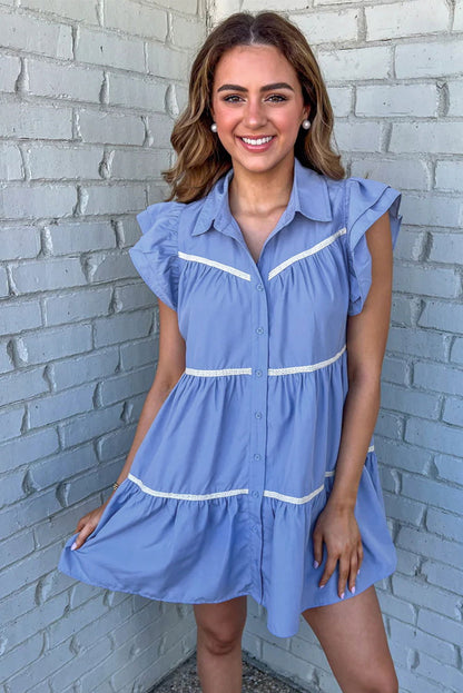 Sky Blue Collared Ruffle Tiered Babydoll Dress - Vesteeto