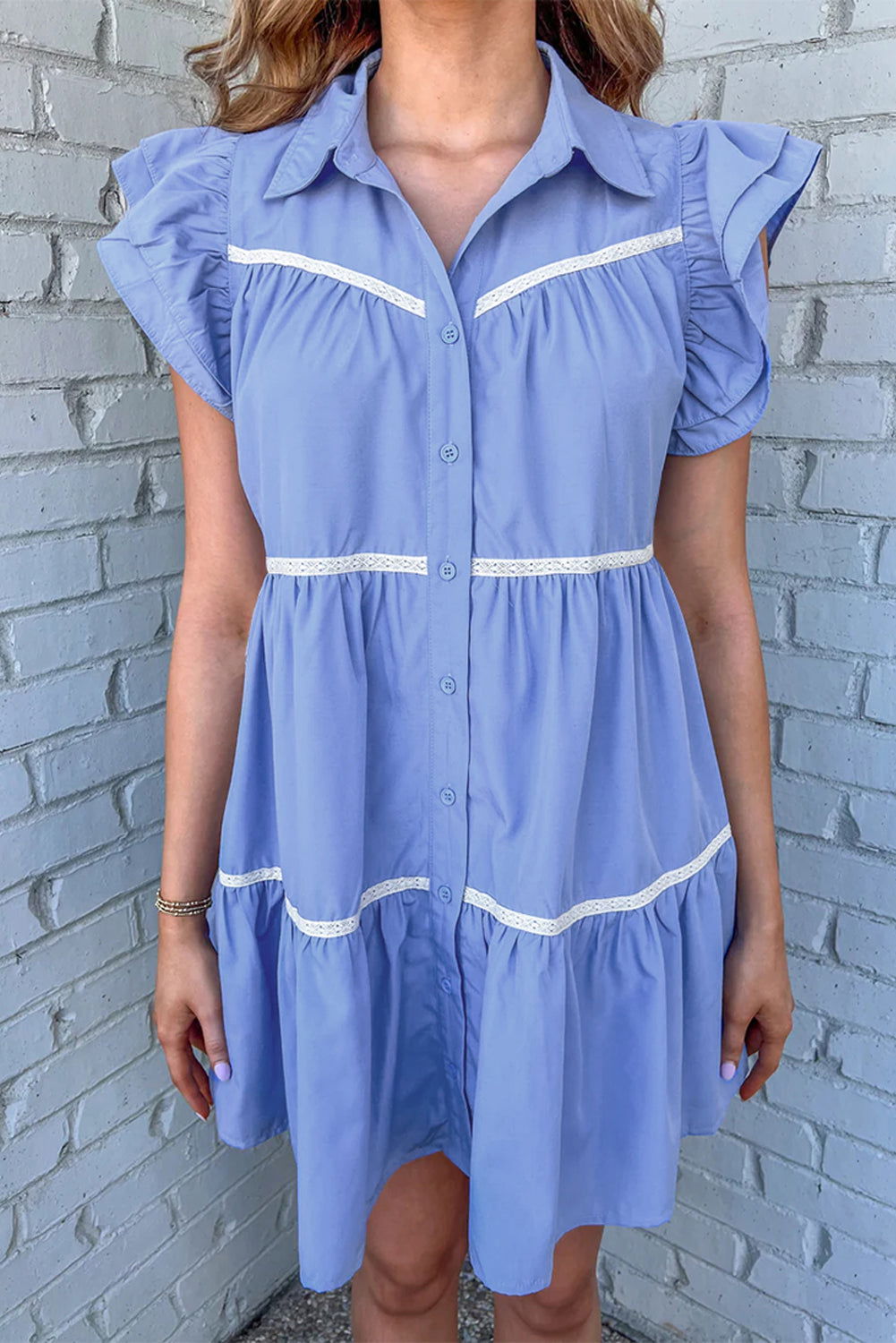 Sky Blue Collared Ruffle Tiered Babydoll Dress - Vesteeto