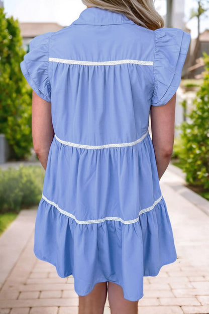 Sky Blue Collared Ruffle Tiered Babydoll Dress - Vesteeto