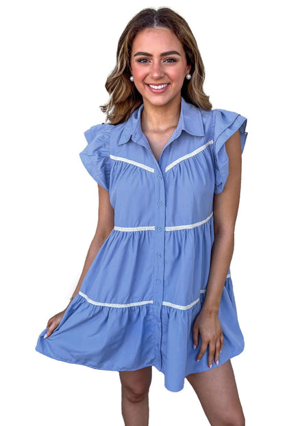 Sky Blue Collared Ruffle Tiered Babydoll Dress - Vesteeto