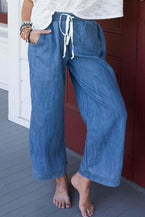 Sky Blue Drawstring Waist Loose Wide Leg Pants 