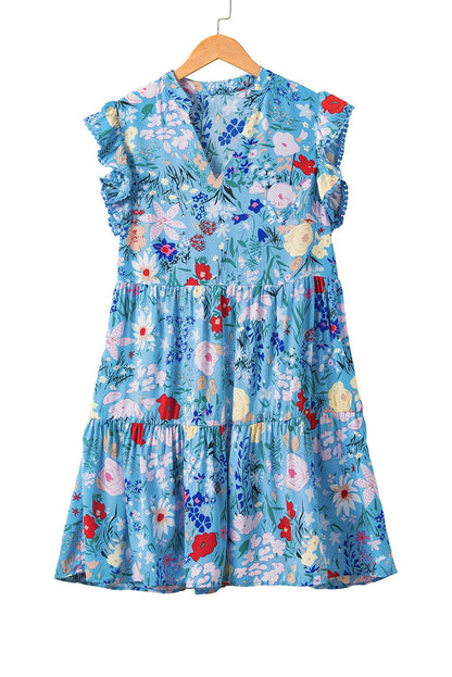 Sky Blue Floral Flutter Sleeve V Neck Ruffled Dress 