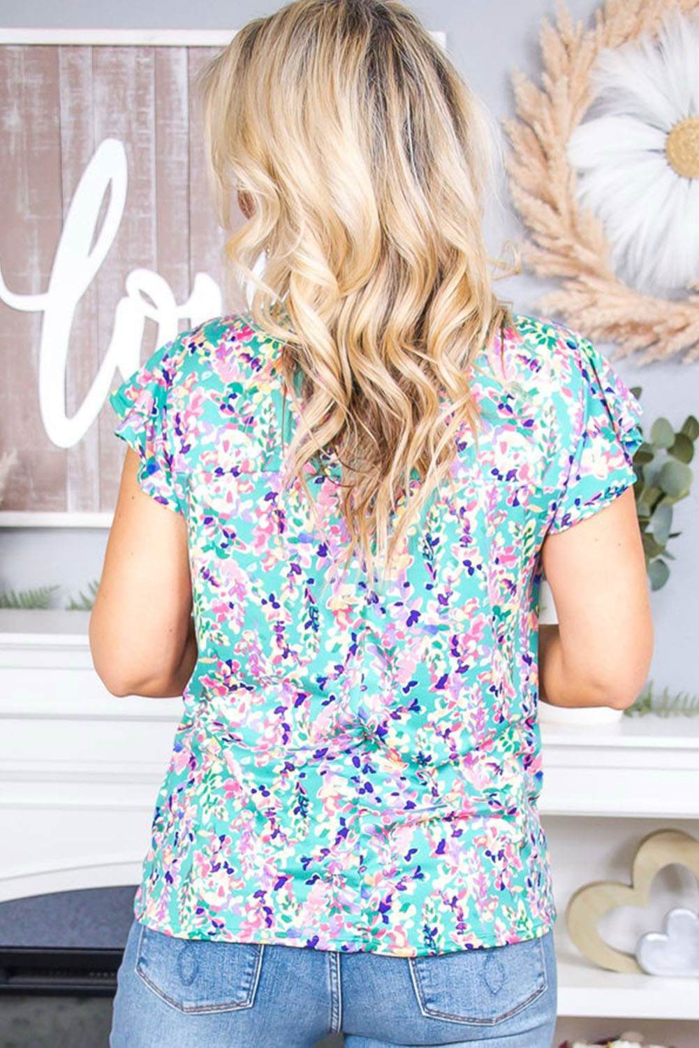 Sky Blue Floral Print Ruffled Short Sleeve Babydoll Top 