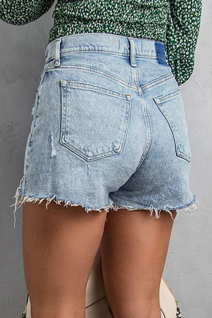 Sky Blue Frayed Slim-fit High Waist Denim Shorts 