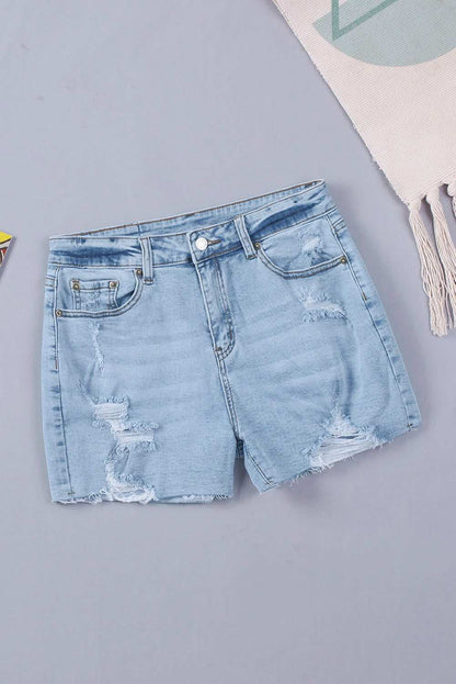 Sky Blue Frayed Slim-fit High Waist Denim Shorts 