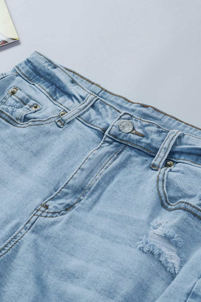 Sky Blue Frayed Slim-fit High Waist Denim Shorts 