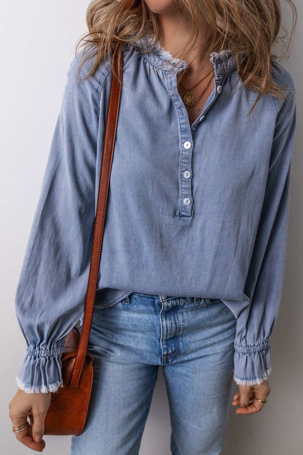 Sky Blue Frilled Raw Hem Half Buttoned Denim Top 