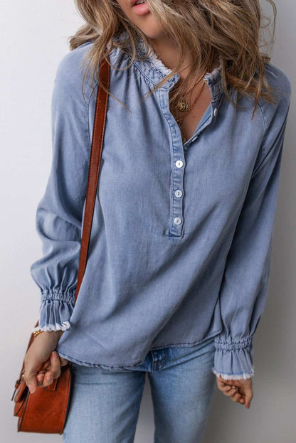 Sky Blue Frilled Raw Hem Half Buttoned Denim Top 