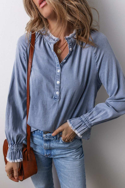 Sky Blue Frilled Raw Hem Half Buttoned Denim Top 