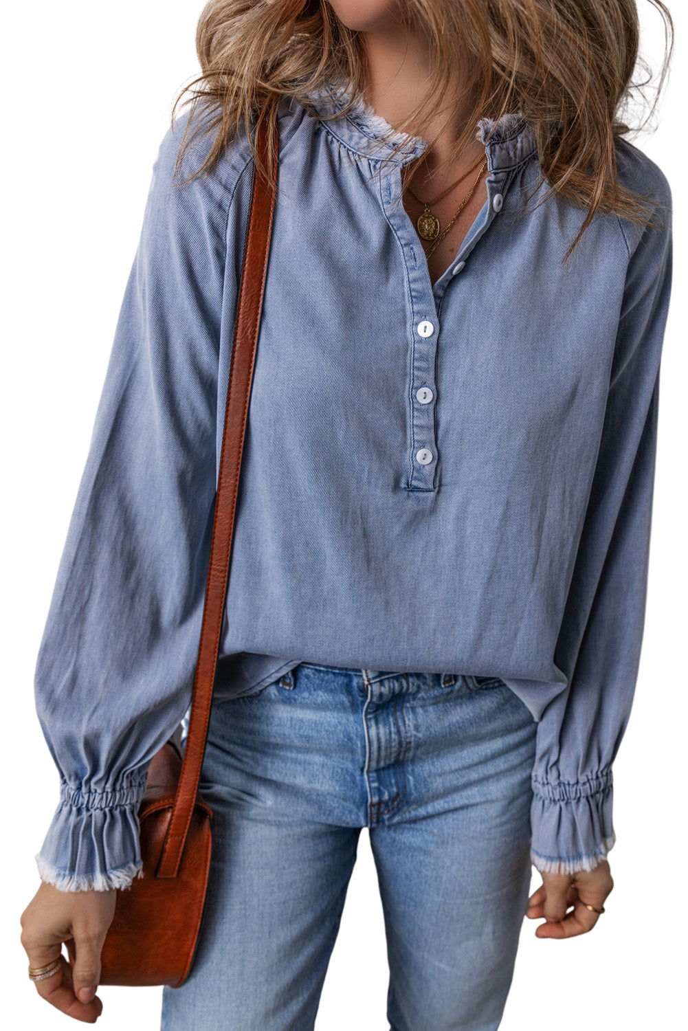 Sky Blue Frilled Raw Hem Half Buttoned Denim Top 