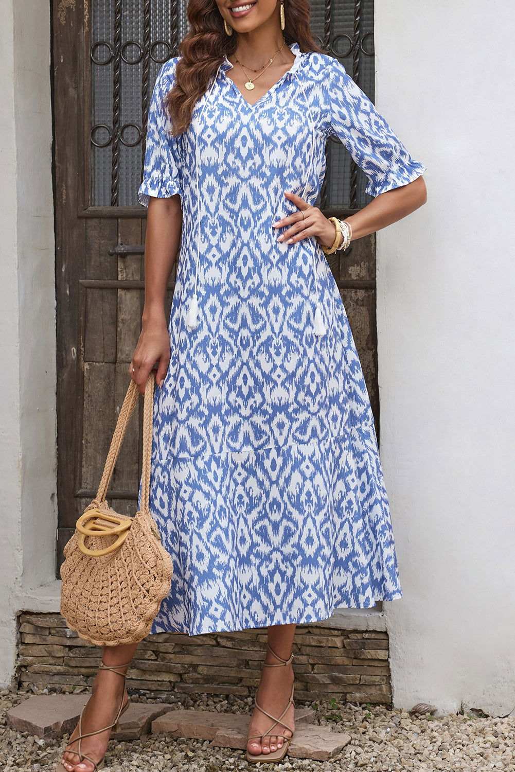 Sky Blue Geometric Print Casual V Neck Maxi Dress 