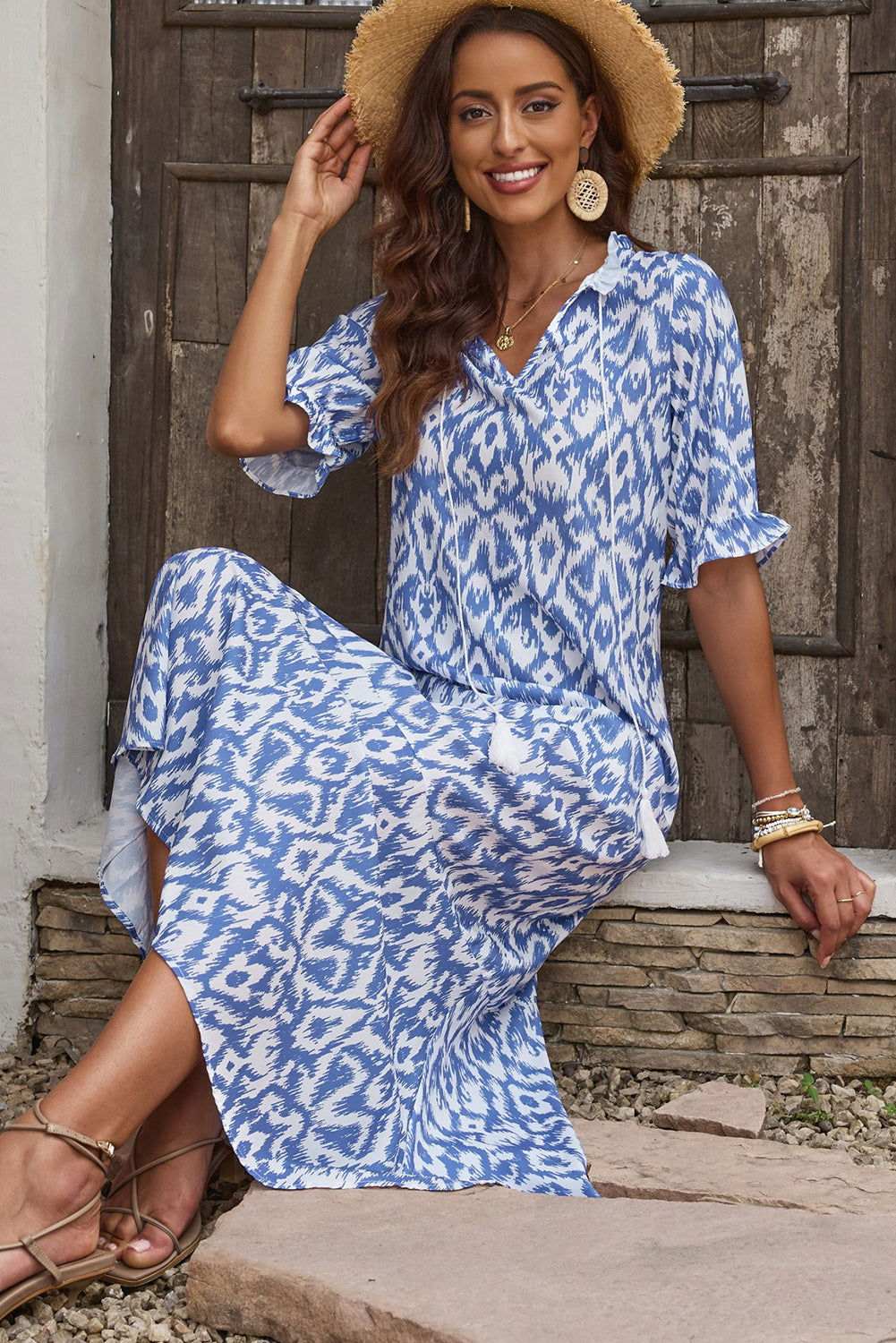 Sky Blue Geometric Print Casual V Neck Maxi Dress 