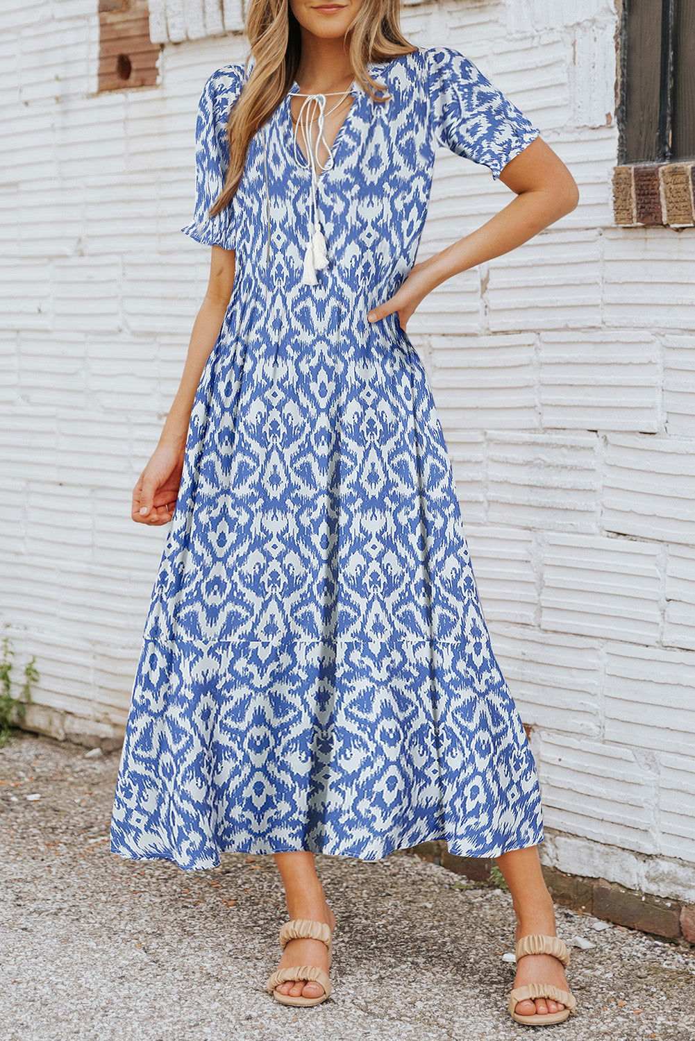 Sky Blue Geometric Print Casual V Neck Maxi Dress 