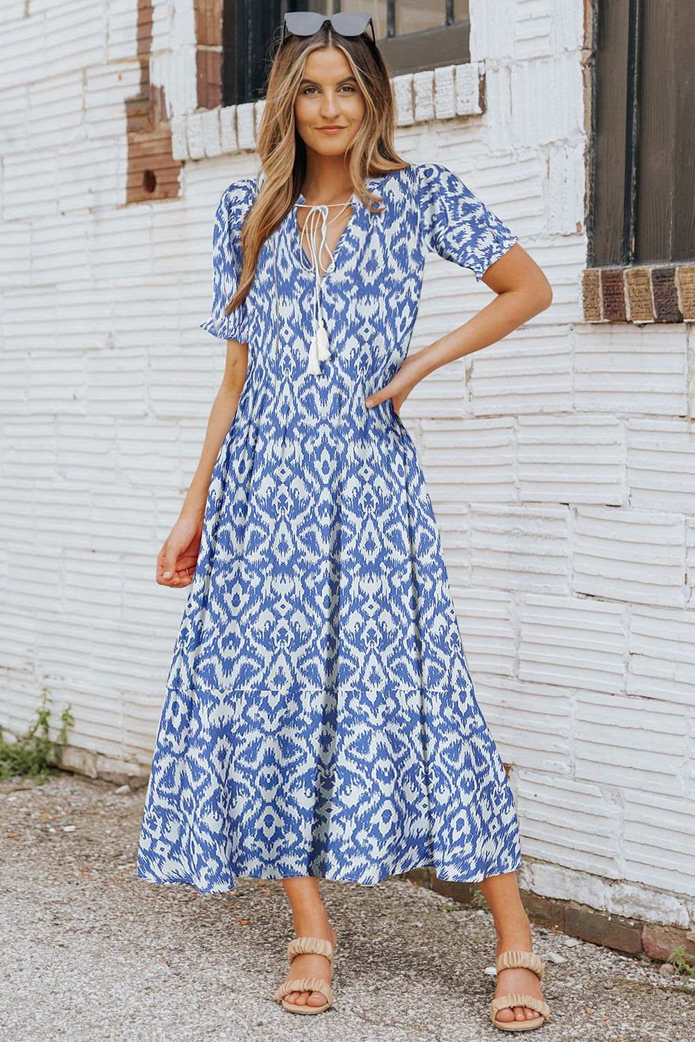 Sky Blue Geometric Print Casual V Neck Maxi Dress 