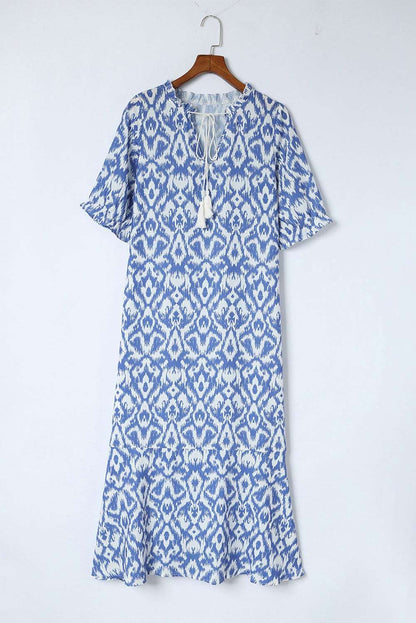 Sky Blue Geometric Print Casual V Neck Maxi Dress 