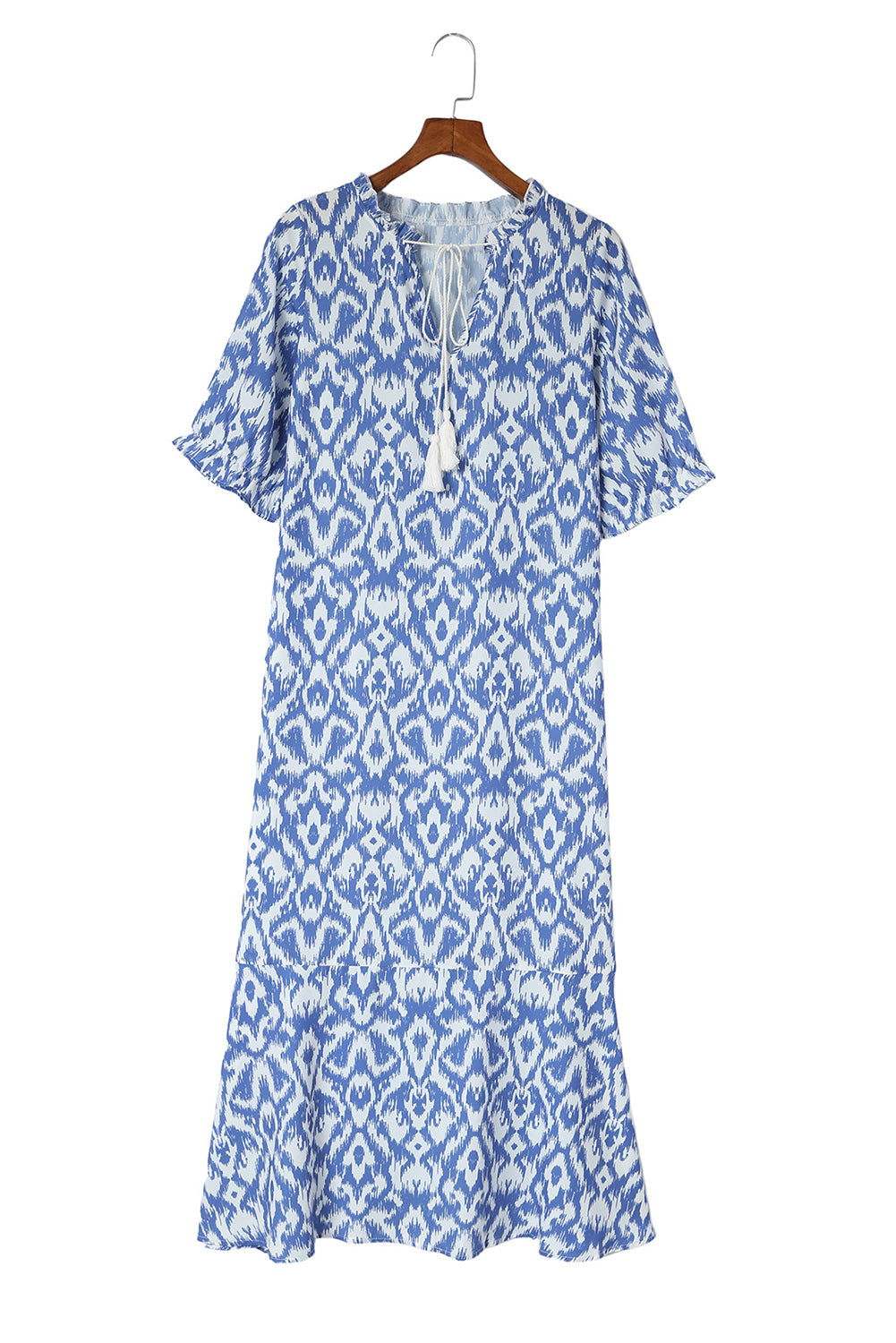 Sky Blue Geometric Print Casual V Neck Maxi Dress 