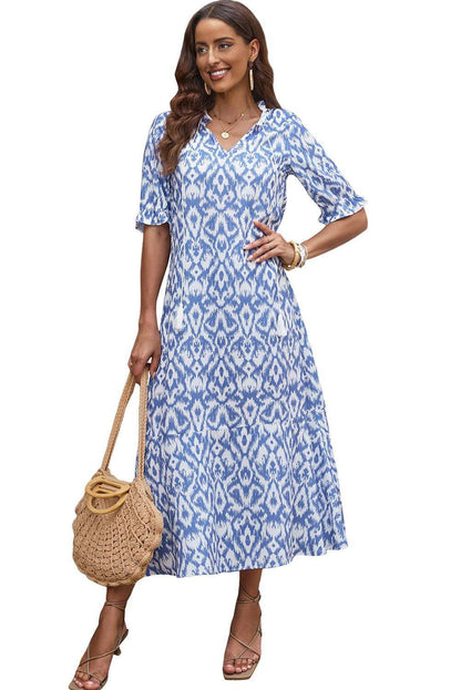 Sky Blue Geometric Print Casual V Neck Maxi Dress 