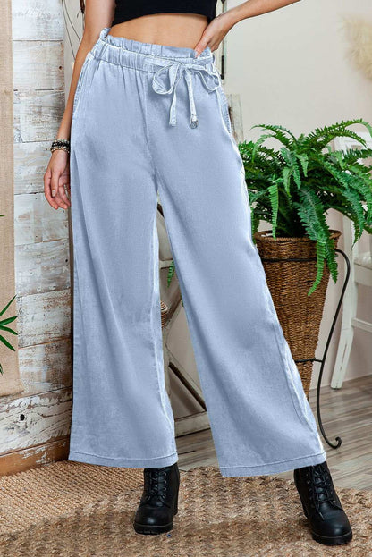 Sky Blue High Waist Pocketed Wide Leg Tencel Jeans 