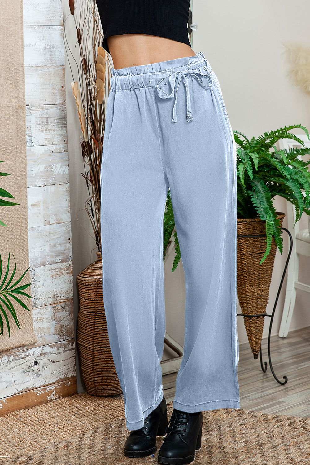 Sky Blue High Waist Pocketed Wide Leg Tencel Jeans 