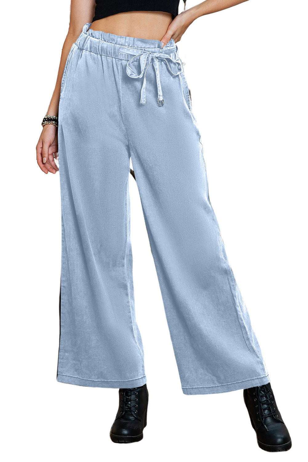 Sky Blue High Waist Pocketed Wide Leg Tencel Jeans 