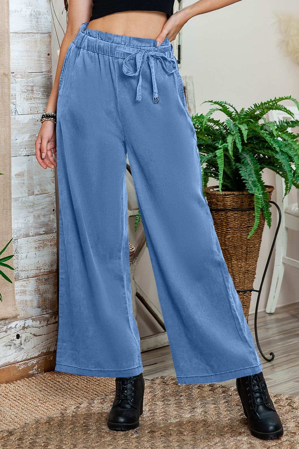 Sky Blue High Waist Pocketed Wide Leg Tencel Jeans 