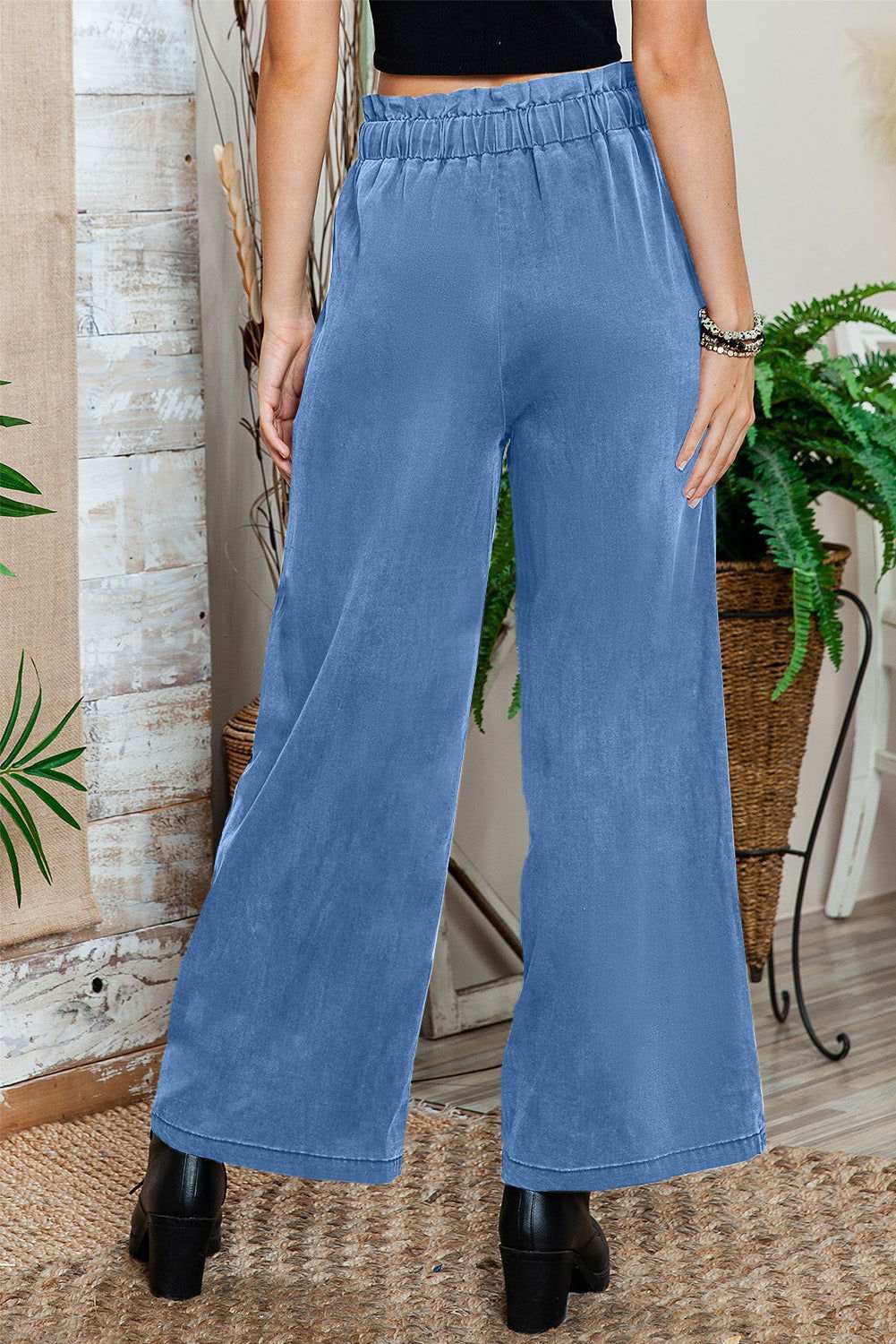 Sky Blue High Waist Pocketed Wide Leg Tencel Jeans 