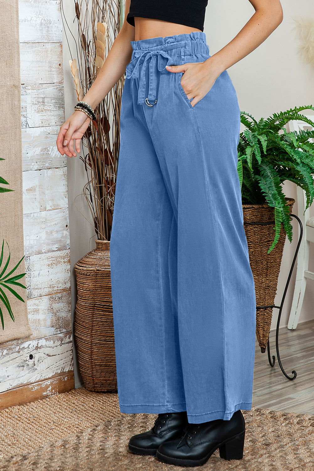 Sky Blue High Waist Pocketed Wide Leg Tencel Jeans 