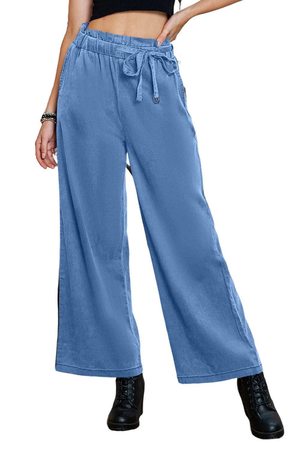 Sky Blue High Waist Pocketed Wide Leg Tencel Jeans 