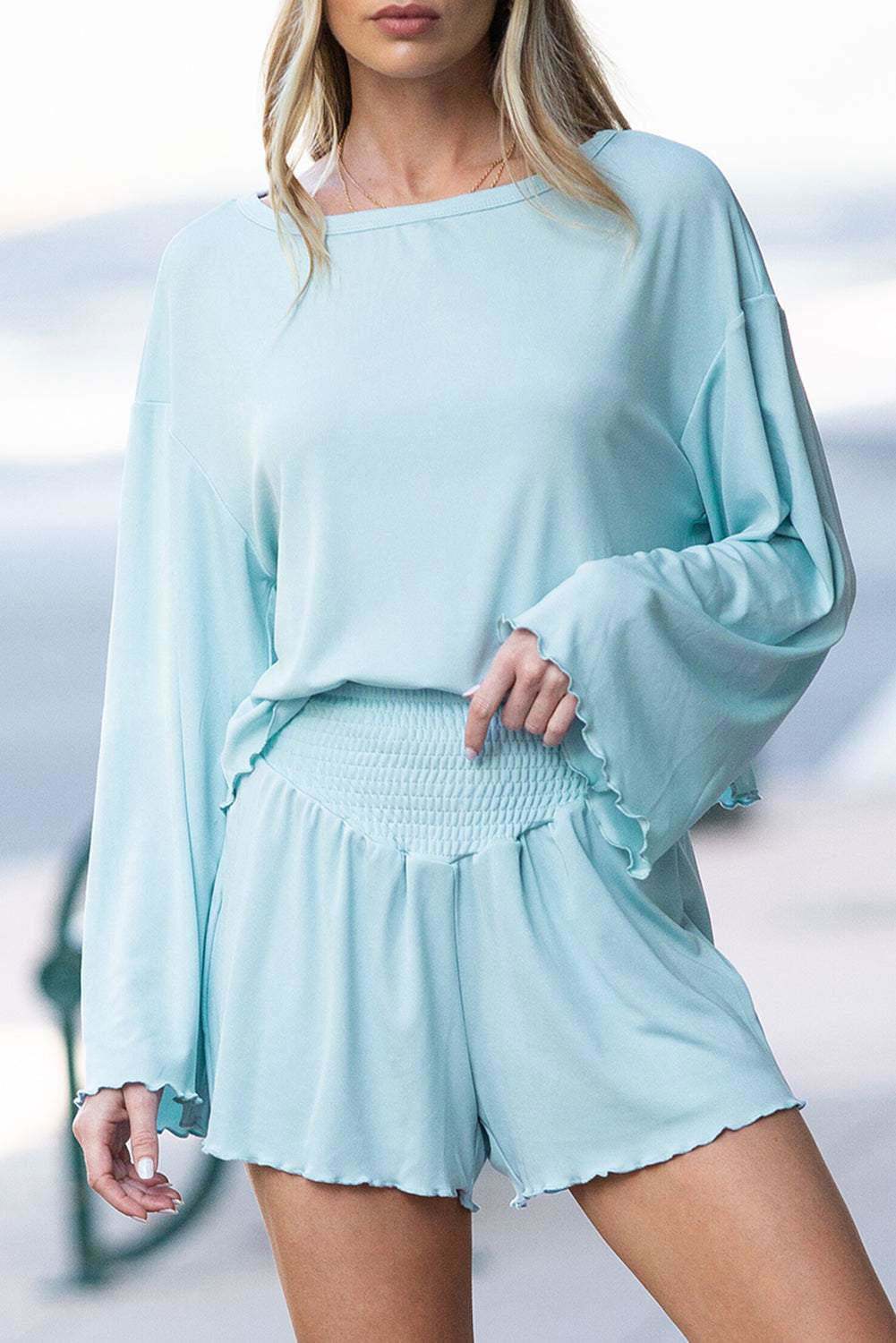 Sky Blue Long Sleeve Top & Shirred High Waist Shorts Set 