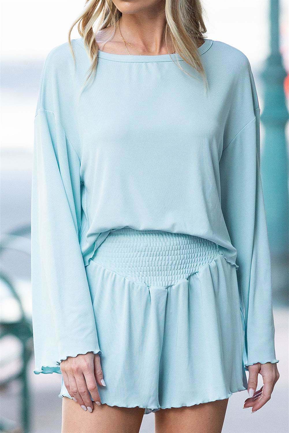 Sky Blue Long Sleeve Top & Shirred High Waist Shorts Set 