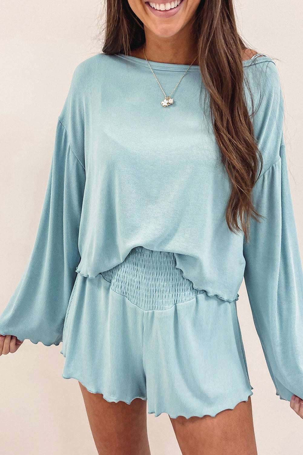 Sky Blue Long Sleeve Top & Shirred High Waist Shorts Set 