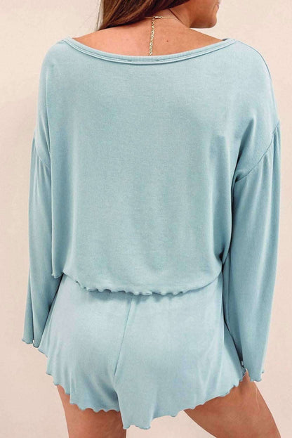 Sky Blue Long Sleeve Top & Shirred High Waist Shorts Set 