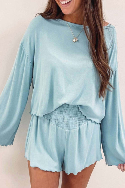 Sky Blue Long Sleeve Top & Shirred High Waist Shorts Set 