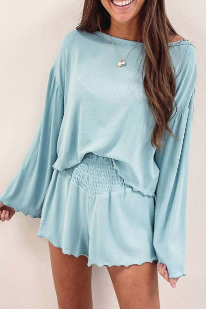 Sky Blue Long Sleeve Top & Shirred High Waist Shorts Set 