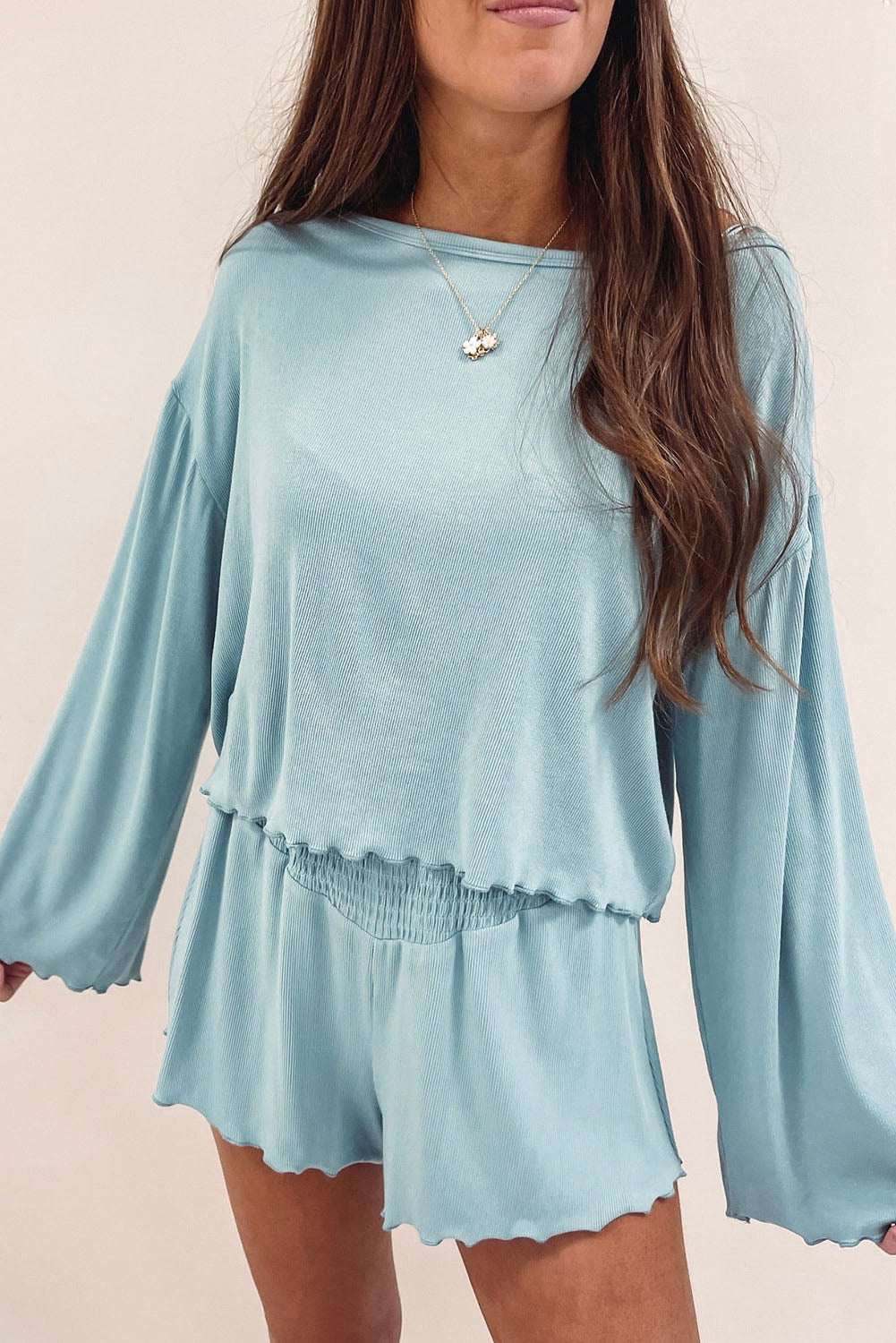 Sky Blue Long Sleeve Top & Shirred High Waist Shorts Set 