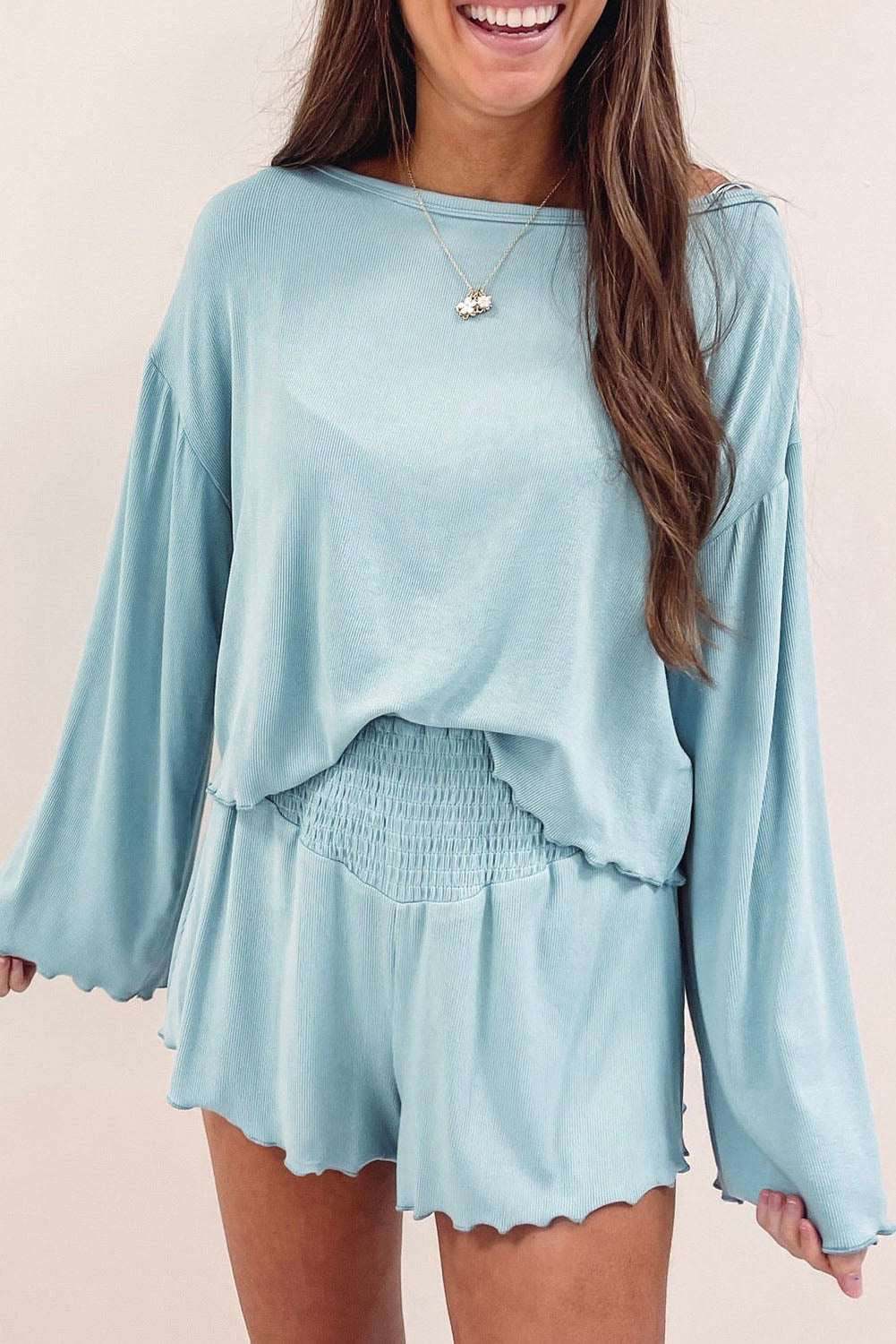 Sky Blue Long Sleeve Top & Shirred High Waist Shorts Set 