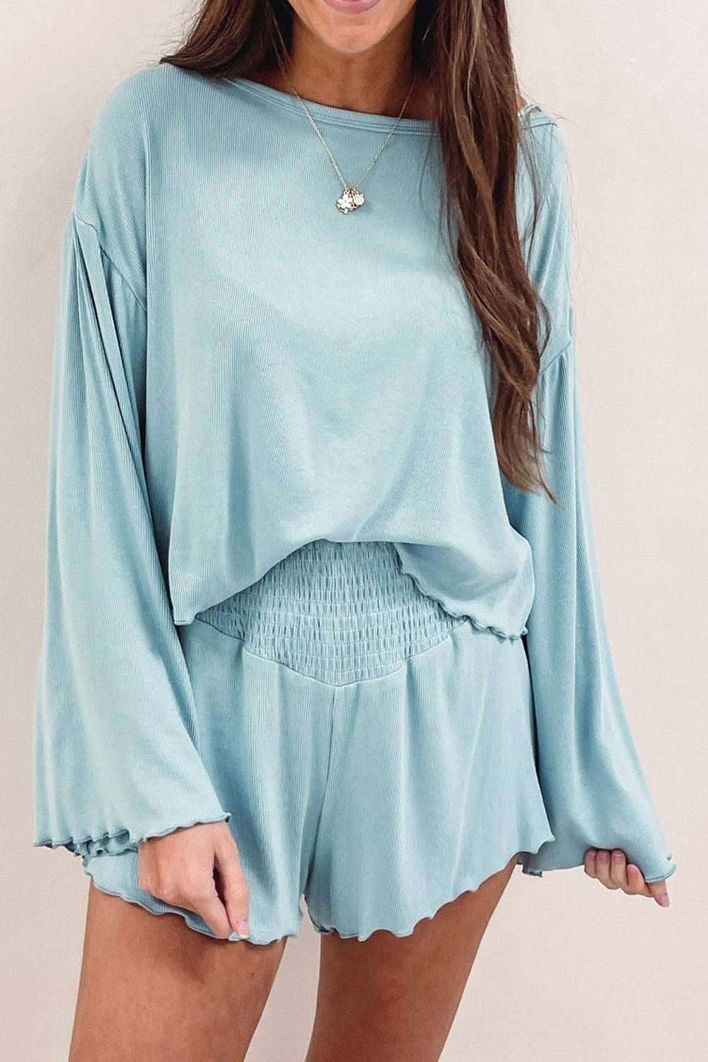 Sky Blue Long Sleeve Top & Shirred High Waist Shorts Set 