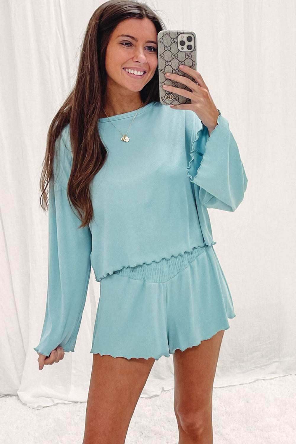 Sky Blue Long Sleeve Top & Shirred High Waist Shorts Set 