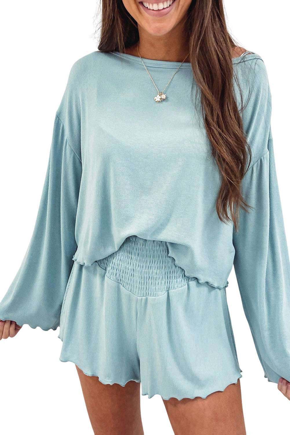 Sky Blue Long Sleeve Top & Shirred High Waist Shorts Set 