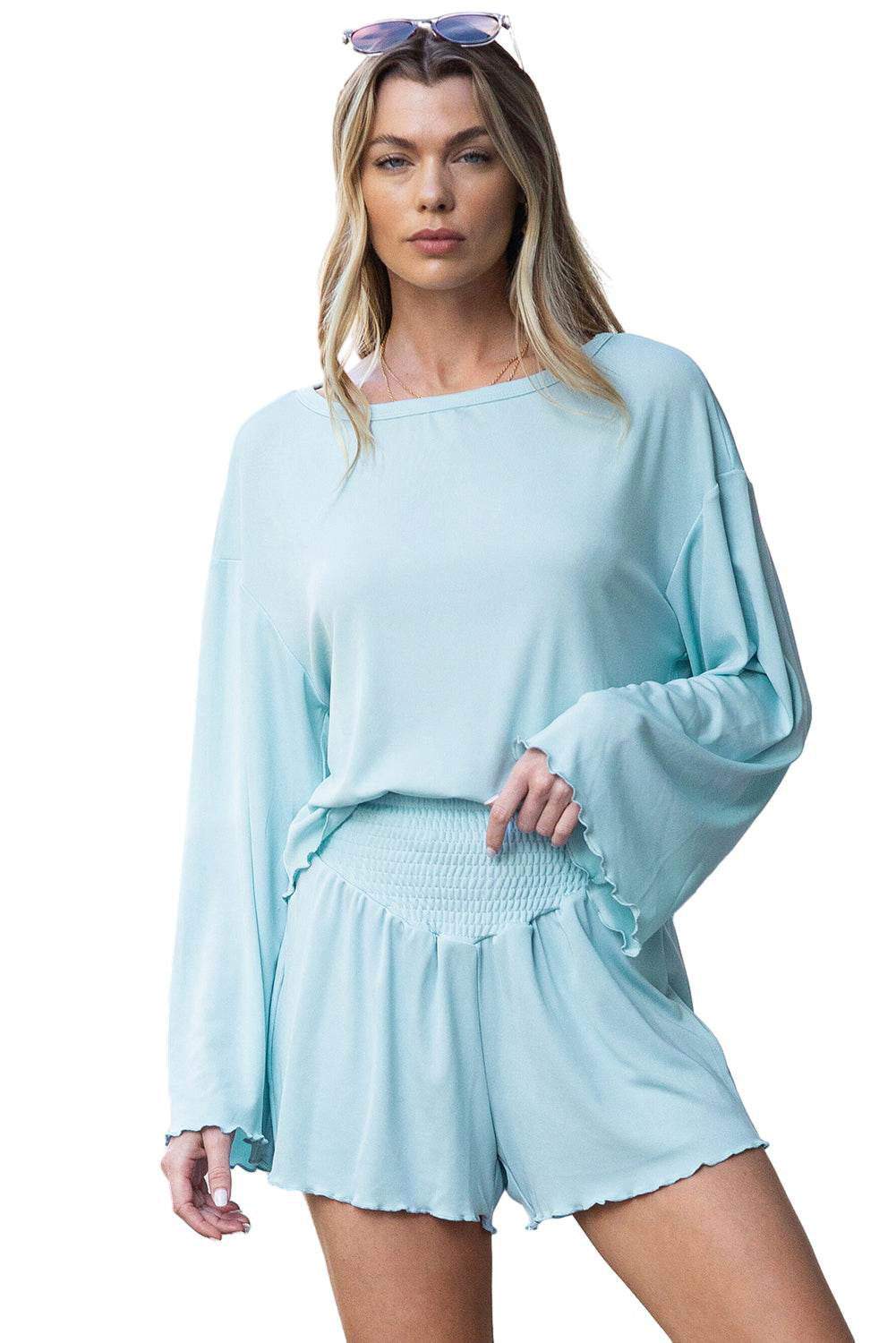 Sky Blue Long Sleeve Top & Shirred High Waist Shorts Set 