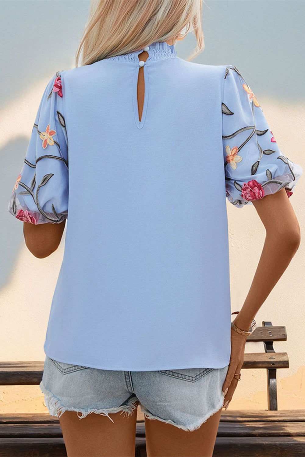 Sky Blue Mesh Floral Puff Sleeve Frill Neck Blouse 