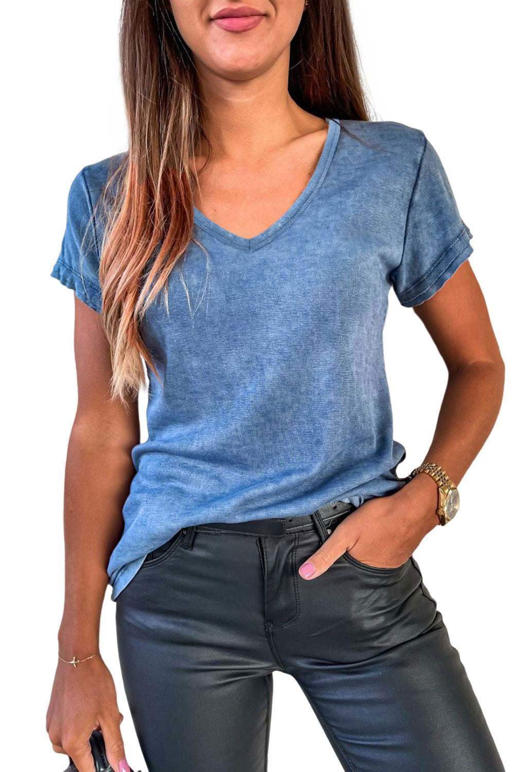 Sky Blue Mineral Washed V Neck T Shirt 