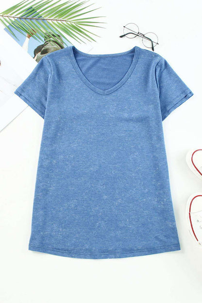 Sky Blue Mineral Washed V Neck T Shirt 