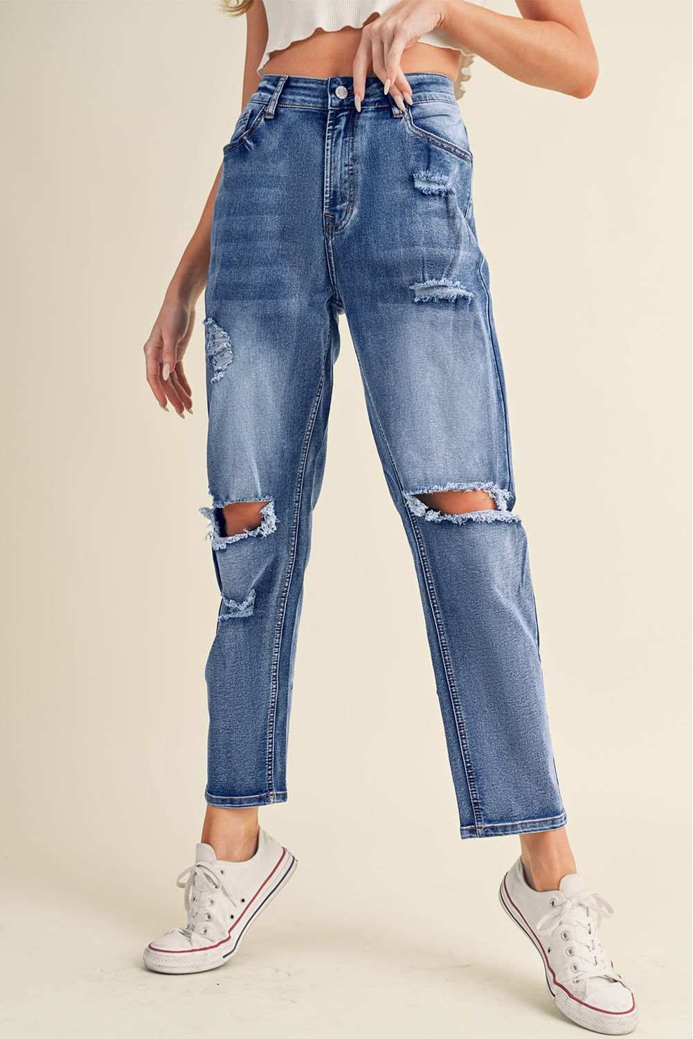 Sky Blue Open Knee Cutout Straight Leg Jeans 