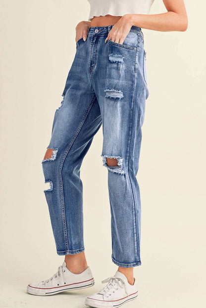 Sky Blue Open Knee Cutout Straight Leg Jeans 