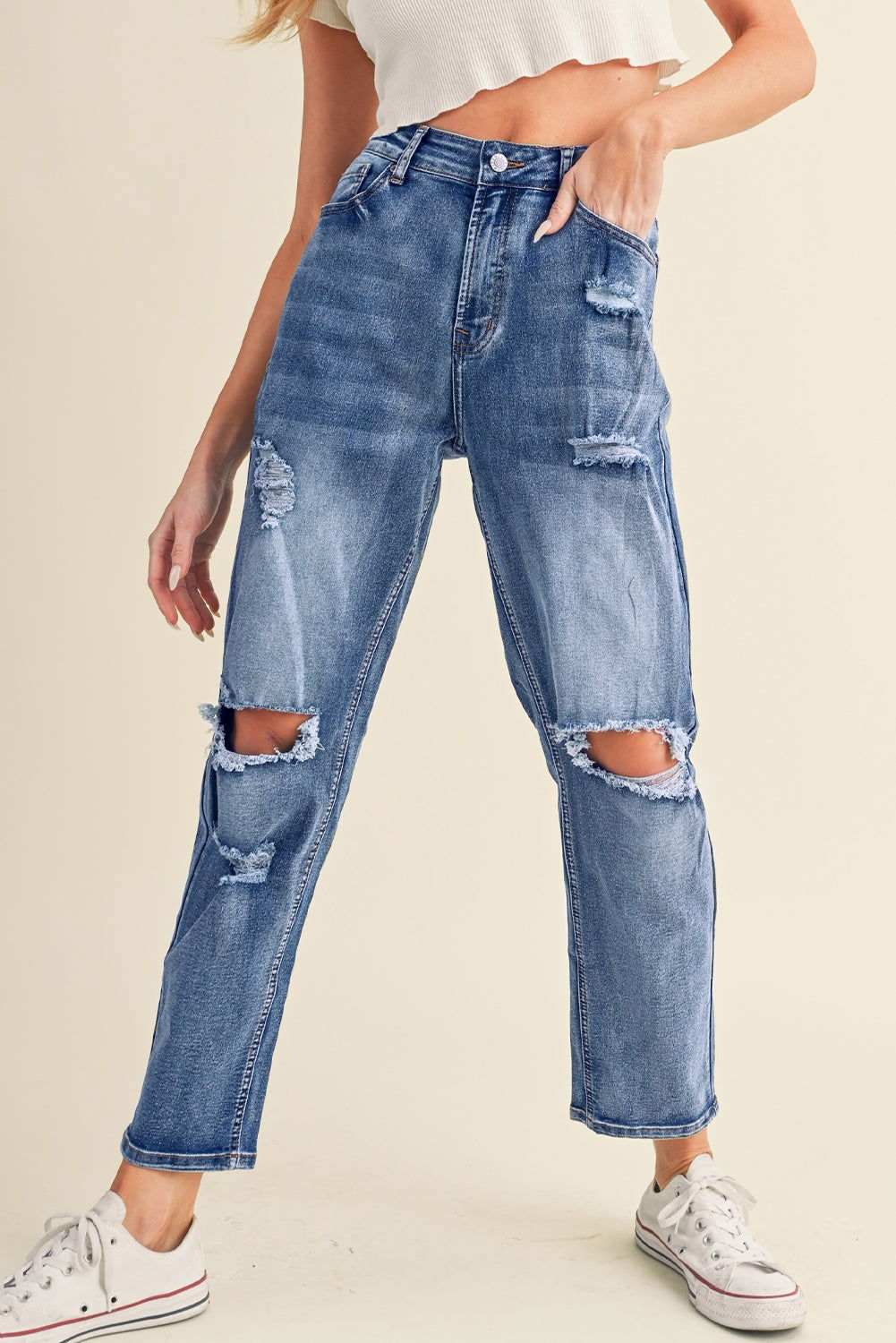 Sky Blue Open Knee Cutout Straight Leg Jeans 