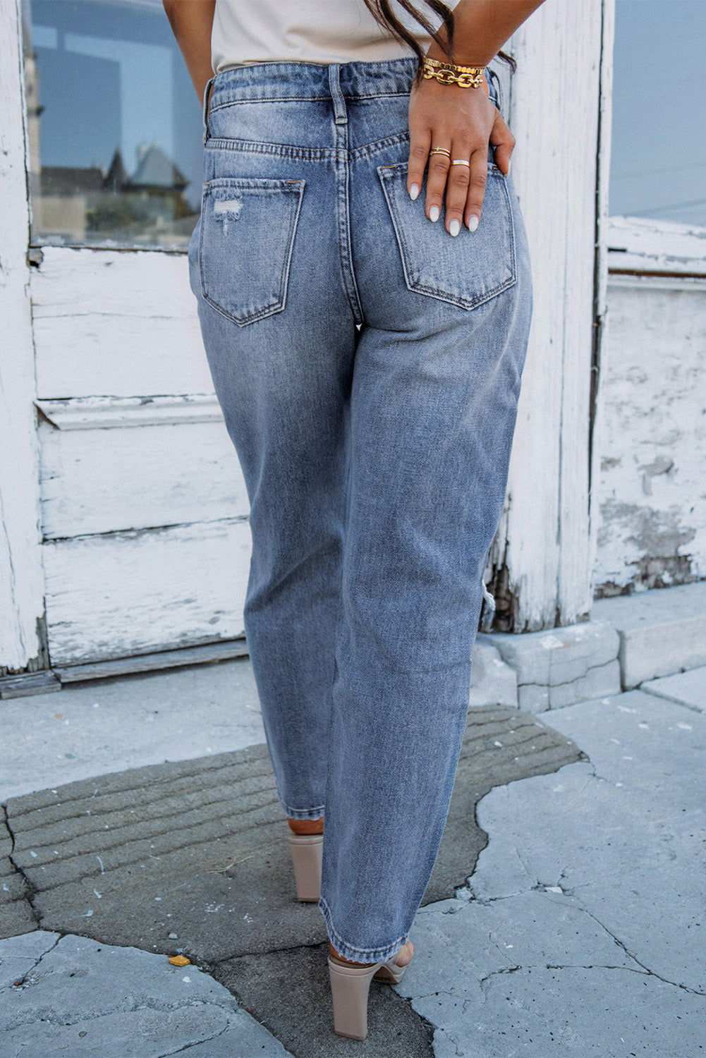 Sky Blue Open Knee Cutout Straight Leg Jeans 