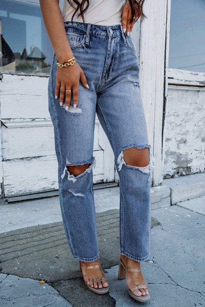 Sky Blue Open Knee Cutout Straight Leg Jeans 