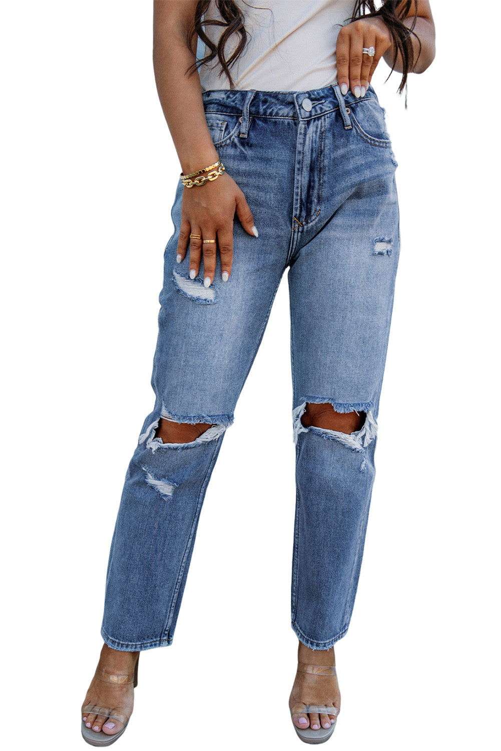 Sky Blue Open Knee Cutout Straight Leg Jeans 